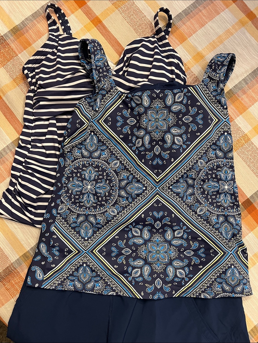 Lands' End Navy Blue Paisley & Striped Swim Tankini Set